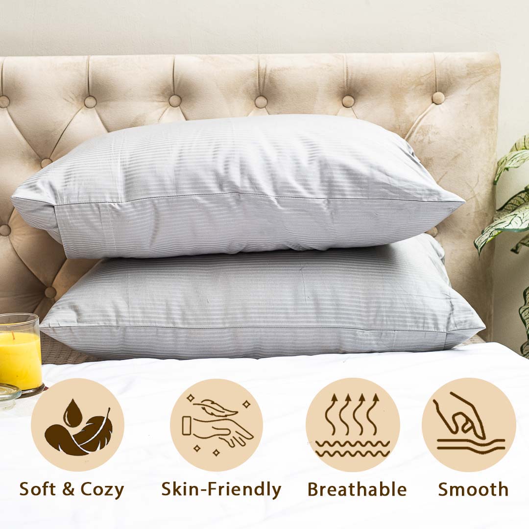 Premium Light Grey 300TC- Pillow Cover Set (02 Pcs) Design One