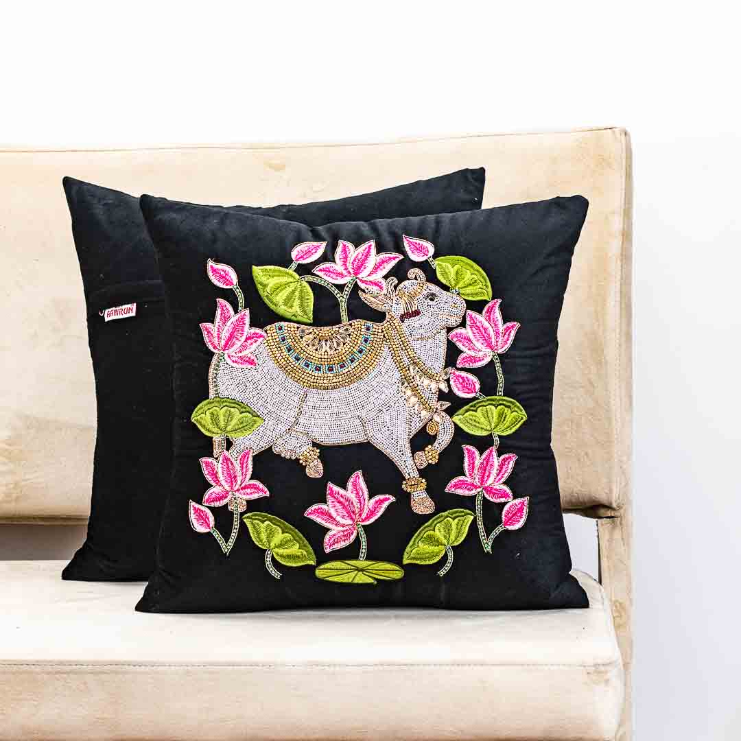 Premium Royal Cow & Lotus Ring Cushion Cover