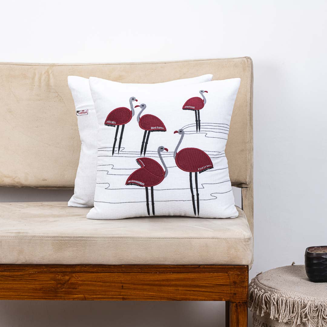 Premium Flamingo Cotton Emb'y Cushion Cover