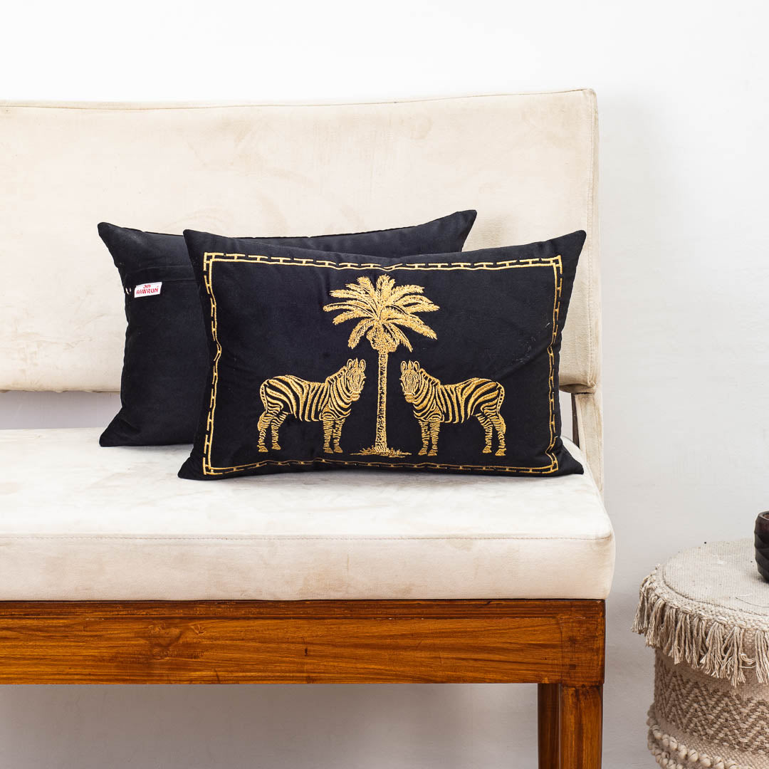 Premium Zebra & Palm Tree Embroidery Cushion Cover