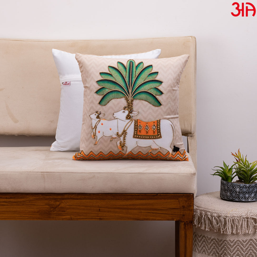 Premium Pichwai Cow & Banana Tree Cushion Cover