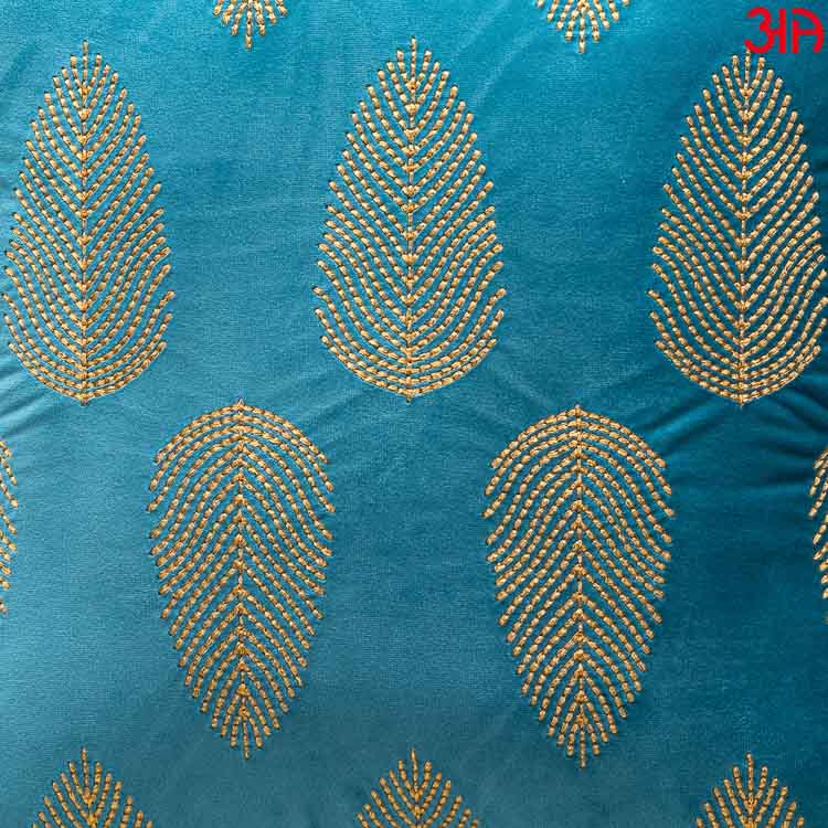Aqua Gold Embroidered Leaf Cushion Cover3