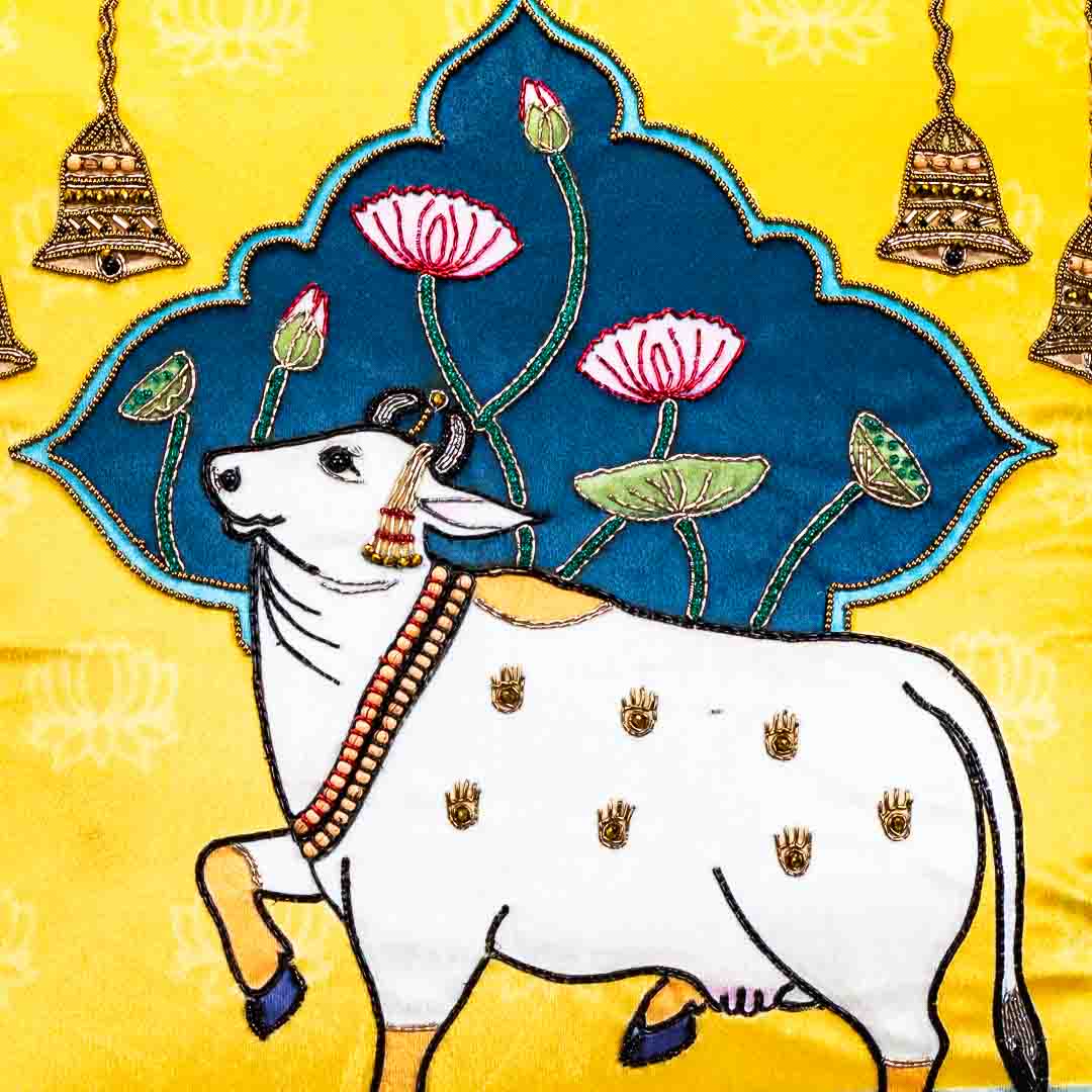 Premium Pichwai Cow W/Bell Cushion Cover