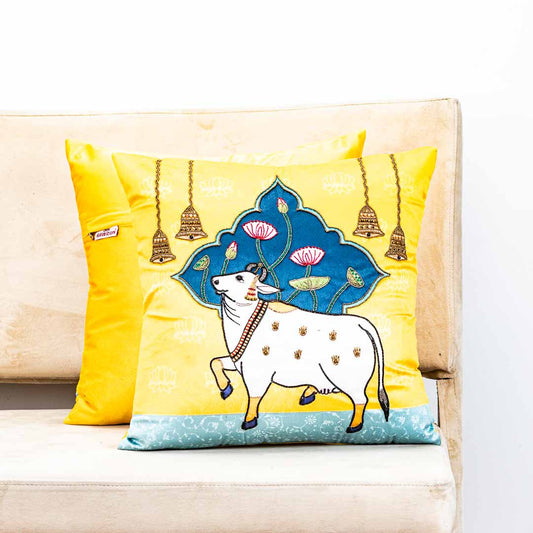 Premium Pichwai Cow W/Bell Cushion Cover