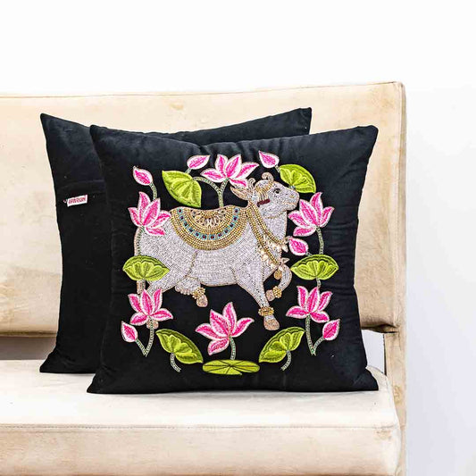 Premium Royal Cow & Lotus Ring Cushion Cover