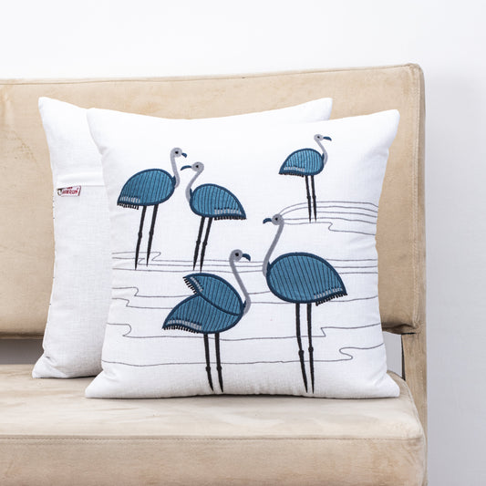 Premium Flamingo Cotton Emb'y Cushion Cover