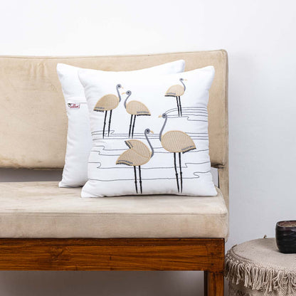 Premium Flamingo Cotton Emb'y Cushion Cover