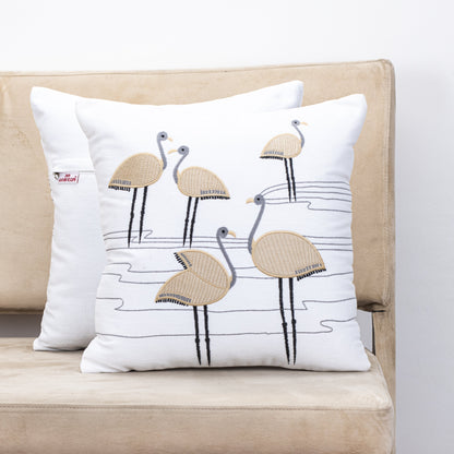 Premium Flamingo Cotton Emb'y Cushion Cover