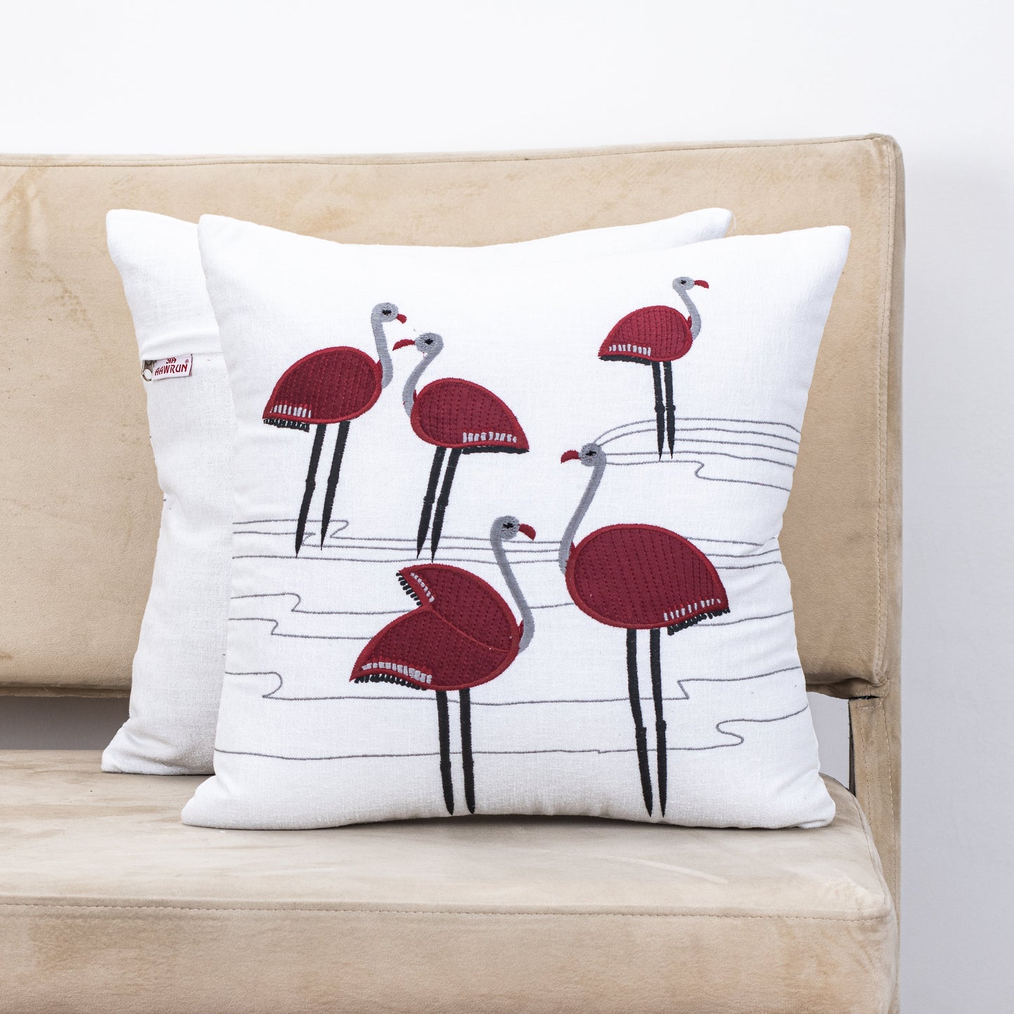 Premium Flamingo Cotton Emb'y Cushion Cover