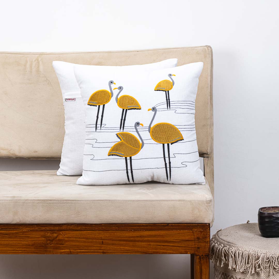 Premium Flamingo Cotton Emb'y Cushion Cover