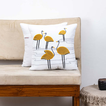 Premium Flamingo Cotton Emb'y Cushion Cover