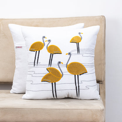 Premium Flamingo Cotton Emb'y Cushion Cover