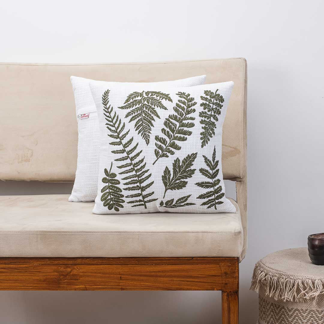 Premium Fern Leaves Embroidery Cushion Cover