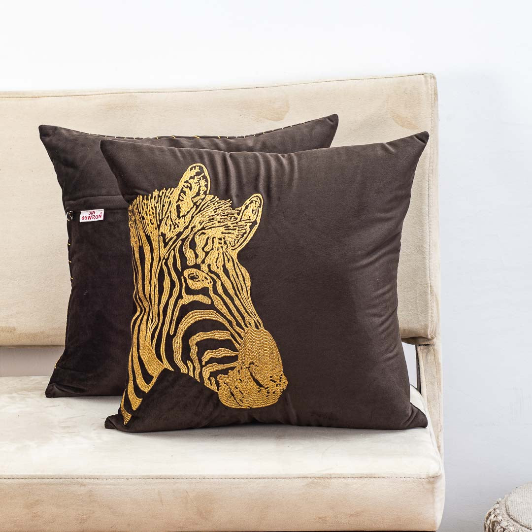 Premium Zebra Zari Embroidery Cushion Cover