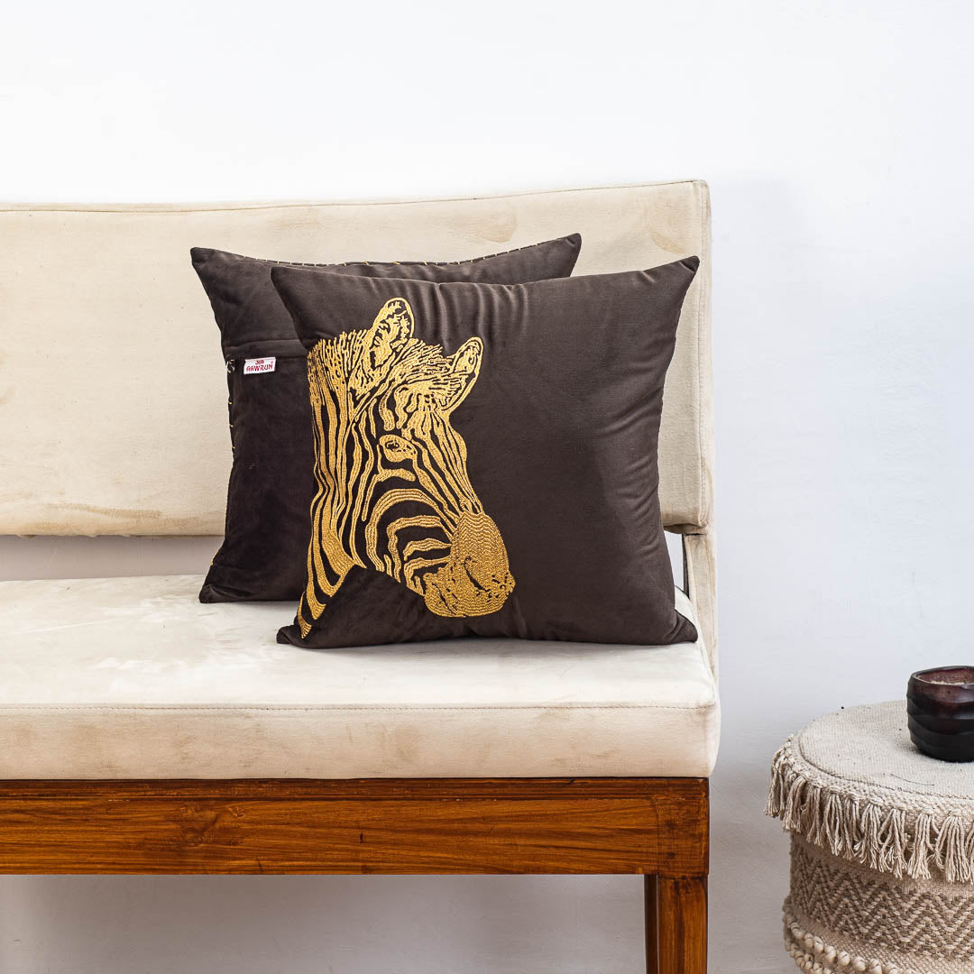 Premium Zebra Zari Embroidery Cushion Cover