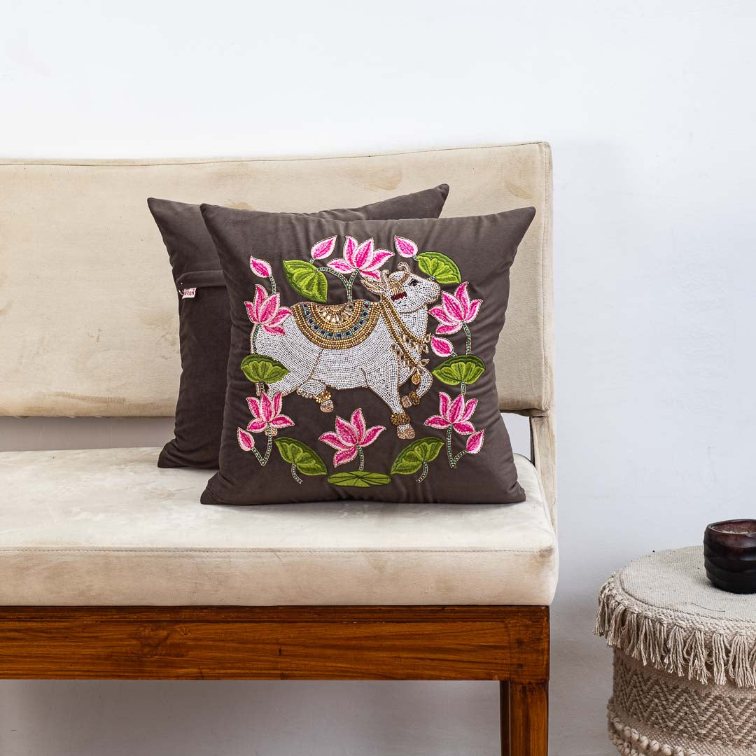 Premium Royal Cow & Lotus Ring Cushion Cover
