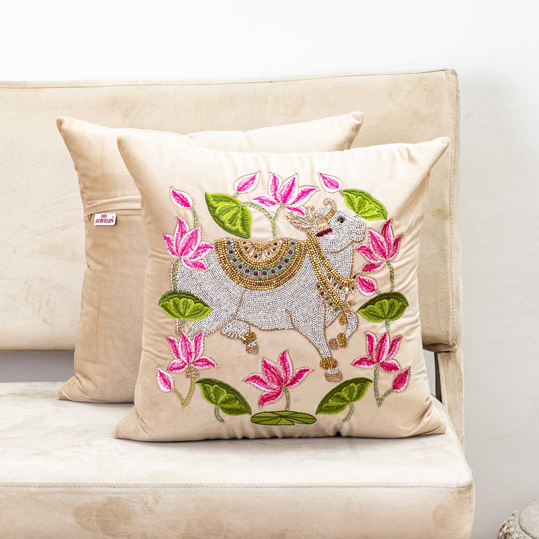 Premium Royal Cow & Lotus Ring Cushion Cover