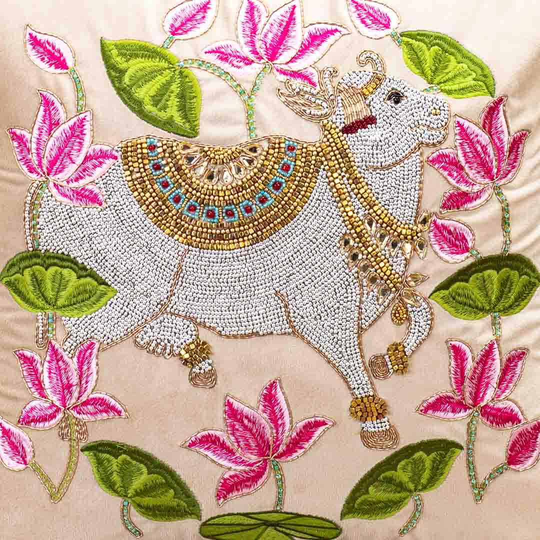 Premium Royal Cow & Lotus Ring Cushion Cover