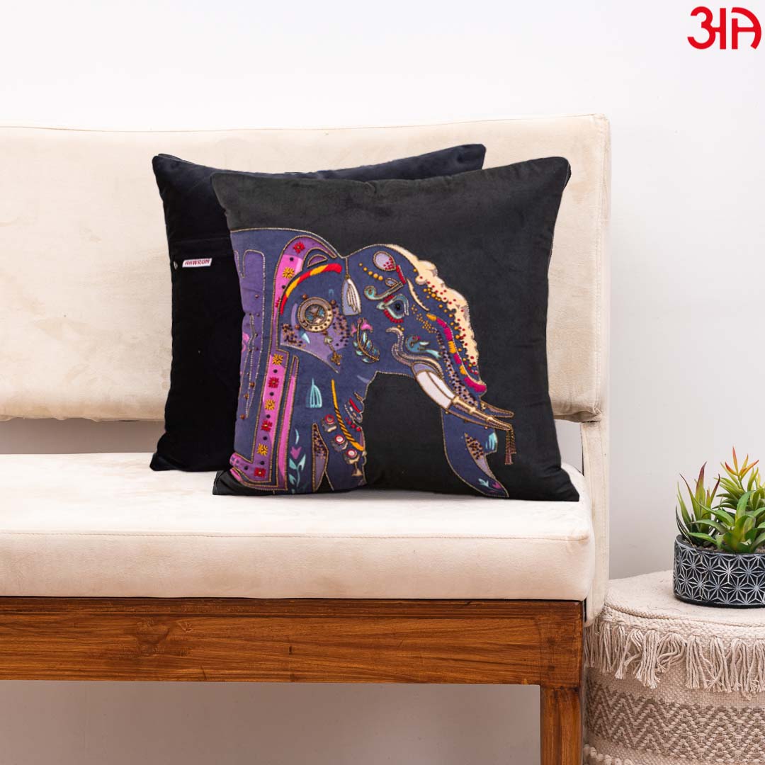 Traditional Elephant Digital Printed and Hand Work Cushion Cover