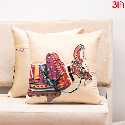 velvet Cushion with cow art design beige 