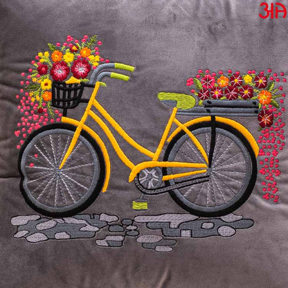 Grey Bicycle Embroidery Velvet Cushion3